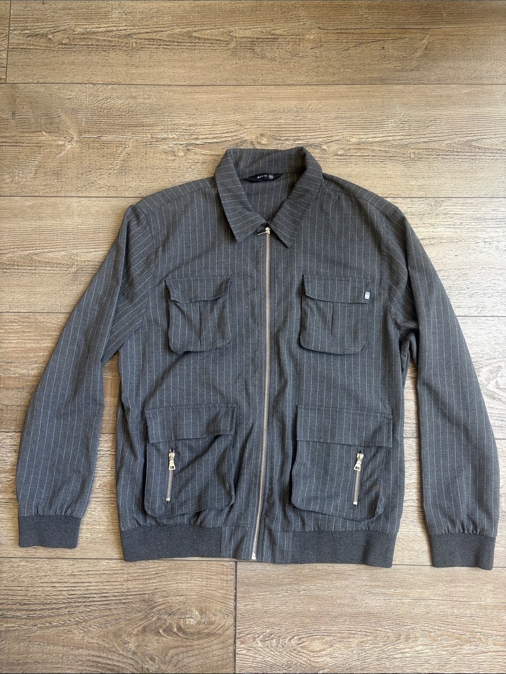 Ron Tomson RNT23 Pinstripe Cargo Grey & White Pinstripe Zip-up Bomber Jacket